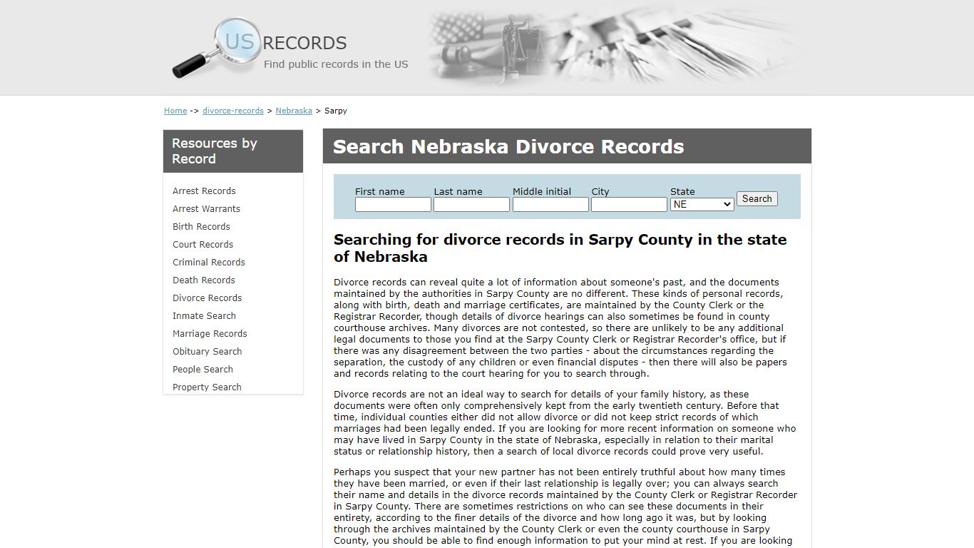 Search Divorce Records Sarpy Nebraska | US Records